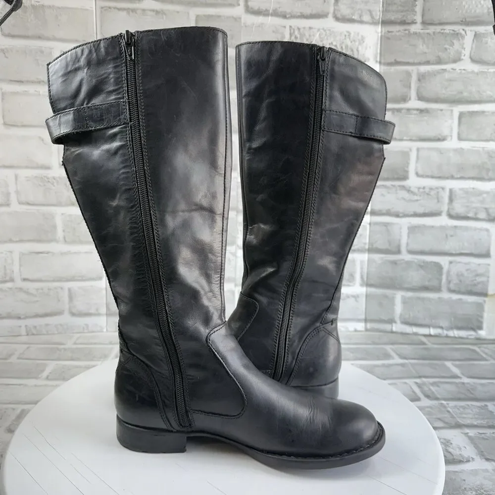 BORN Women's Size 7.5 Black Leather Knee High Side Zip Buckle Boots